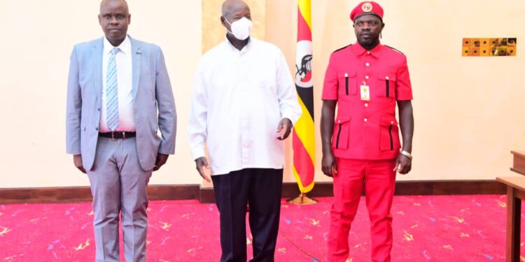 Minister Balaam, President Museveni and NUP Councillor Ali Kateregga