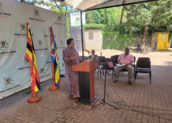 Minister Betty Amongi addressing Journalists at the Uganda Media Centre on Thursday