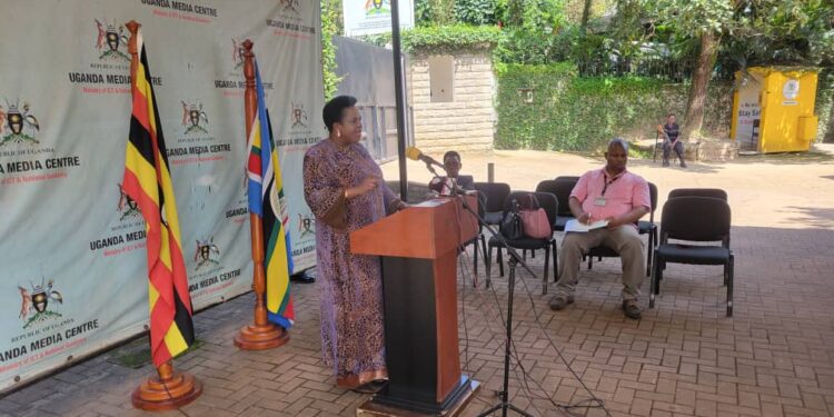 Minister Betty Amongi addressing Journalists at the Uganda Media Centre on Thursday