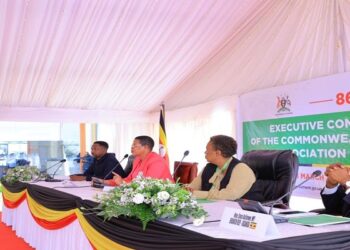 The Rt Hon. Speaker, Anita Among (second left) giving her keynote address to the CPA delegates at Protea Hotel, Entebbe