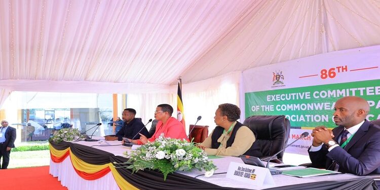 The Rt Hon. Speaker, Anita Among (second left) giving her keynote address to the CPA delegates at Protea Hotel, Entebbe