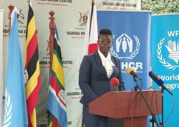 Minister of State for Relief,Disaster Preparedness and Refugees, Hon. Lillian Aber addressing Journalists at the Uganda Media Centre on Tuesday
