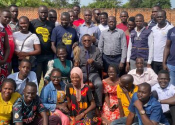 A section of journalists pose for a group photograph with the Paramount Chief-elect Eng Dr Michael Moses Odongo Okune after a cordial meeting on Sunday, 16 June 2024, at Senior Quarters in Lira City.