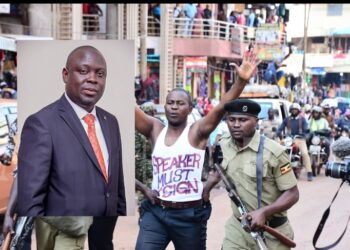 Police arresting one of the protesters,  Hajji Faruk Kirunda (inset)