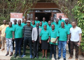 Group photo with journalists after a three day training on Artificial intelligence at Mosa Court Hotel and Apartments in Kampala.