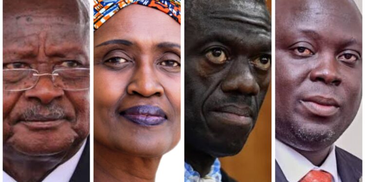 L-R: President Museveni, Eng. Byanyima, Dr. Besigye and Haji Faruk Kirunda