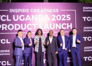 First left Luke Wang General Manager Tian Tang Group and CEO Uhome holdings Limited, second TCL boss Alvin Wang, Minister Anite, CEO Simba Group Patrick Bitature and other investors
