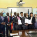 NARO Director General, Dr. Yona Baguma and the Director JAAS, Dr. Yang Yiyang, exchange copies of the MoU after the signing in Entebbe on Monday.