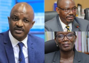PS Ramathan Ggoobi (left), retiring Internal Auditor General Dr. Fixon Okonye (top right), and Maris Wanyera (bottom right).
