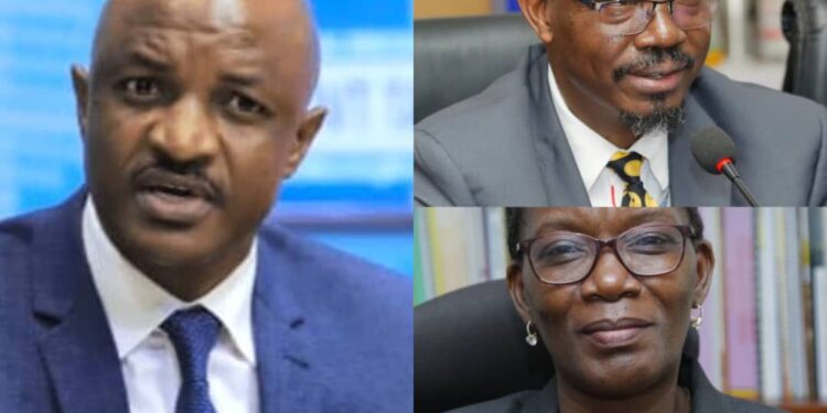 PS Ramathan Ggoobi (left), retiring Internal Auditor General Dr. Fixon Okonye (top right), and Maris Wanyera (bottom right).