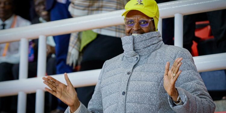 First Lady Janet Museveni celebrates the Uganda Cranes' historic qualification for the quarter-finals of the 2025 Africa Cup of Nations, at Namboole. Uganda drew South Africa 3-3 to secure top spot in the group.