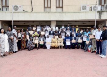 The participants in a group photo with the High Commissioner Prof. Kikafunda and the management of NIESBUD