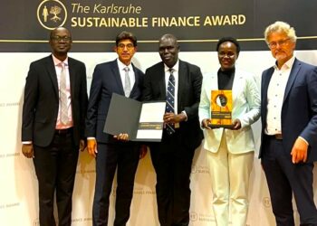 L-R: Stephen Hamya, UDB Chief Internal Auditor; Arshad Rab, CEO European Organisation for Sustainable Development; Stephen Mubiru, Ambassador of Uganda to Germany; Dr. Patricia Ojangole, UDB Managing Director; and Dr. Frank Mentrup, Mayor of City of Karlsruhe, Germany during the conference in Germany.