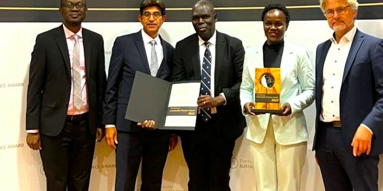 L-R: Stephen Hamya, UDB Chief Internal Auditor; Arshad Rab, CEO European Organisation for Sustainable Development; Stephen Mubiru, Ambassador of Uganda to Germany; Dr. Patricia Ojangole, UDB Managing Director; and Dr. Frank Mentrup, Mayor of City of Karlsruhe, Germany during the conference in Germany.
