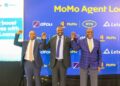 Together for financial inclusion, CEOs' Giles Germany Aijukwe (Letshego Uganda), Richard Yego (MTN MoMo) and Charles Mudiwa (dfcu Bank Uganda) at the launch of the MoMo Agent Loans Marketplace at Protea Kololo