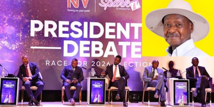 Presidential candidates during NTV Presidential Debate and President Museveni (inset)