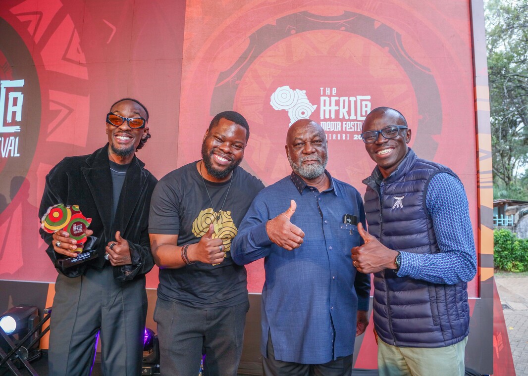 Martie Mtange, Curator of the Africa Media Festival, and Maurice Otieno, Executive Director of Baraza Media Lab, stand with Ziya Africa (left), winner of the inaugural Creator for Good Award, and Prof. Kwame Karikari, recipient of the Lifetime Service to Journalism Award, during the closing ceremony of the 2026 Africa Media Festival in Nairobi on February 26, 2026.