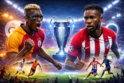 Competitive soccer match graphic featuring star athletes and tournament trophy