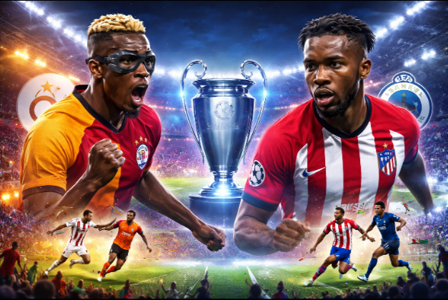 Competitive soccer match graphic featuring star athletes and tournament trophy
